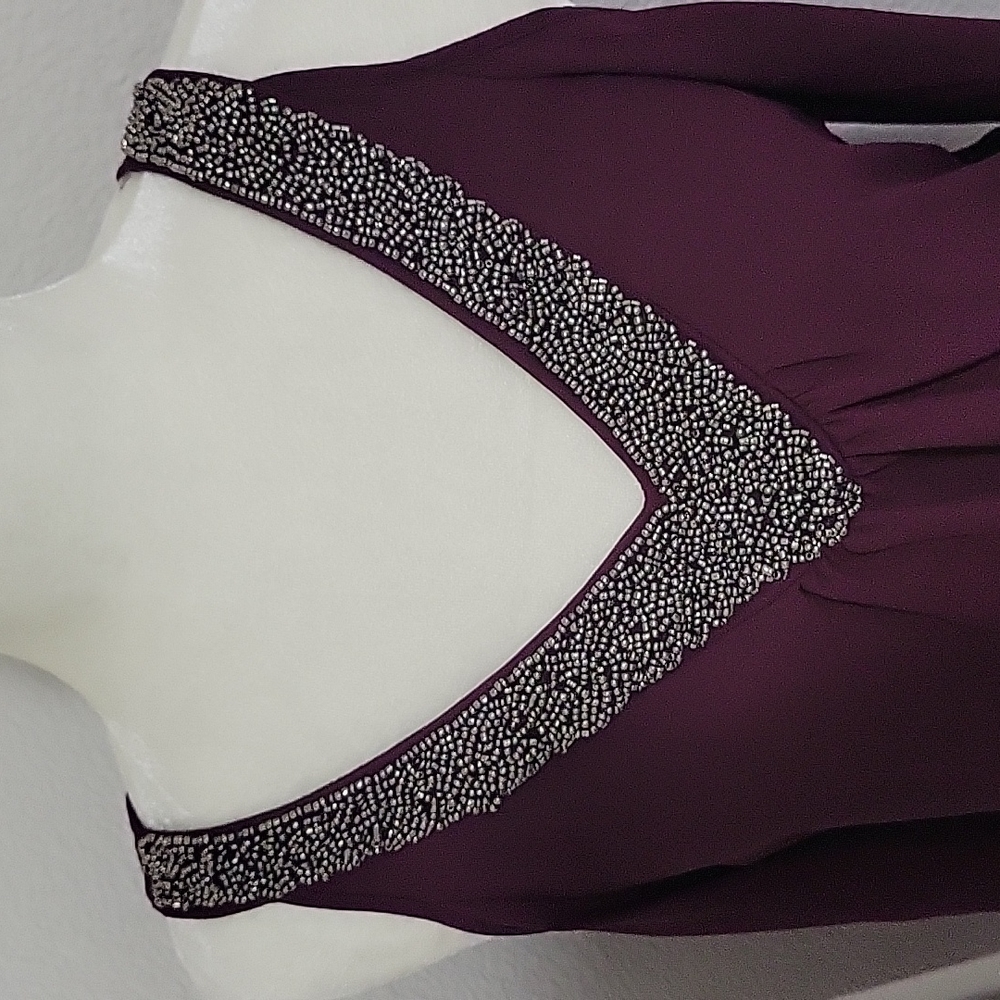 Socialite Sheer Open-Shoulder Top with Beaded Neckline Women's Size Small Burgun - Picture 3 of 9
